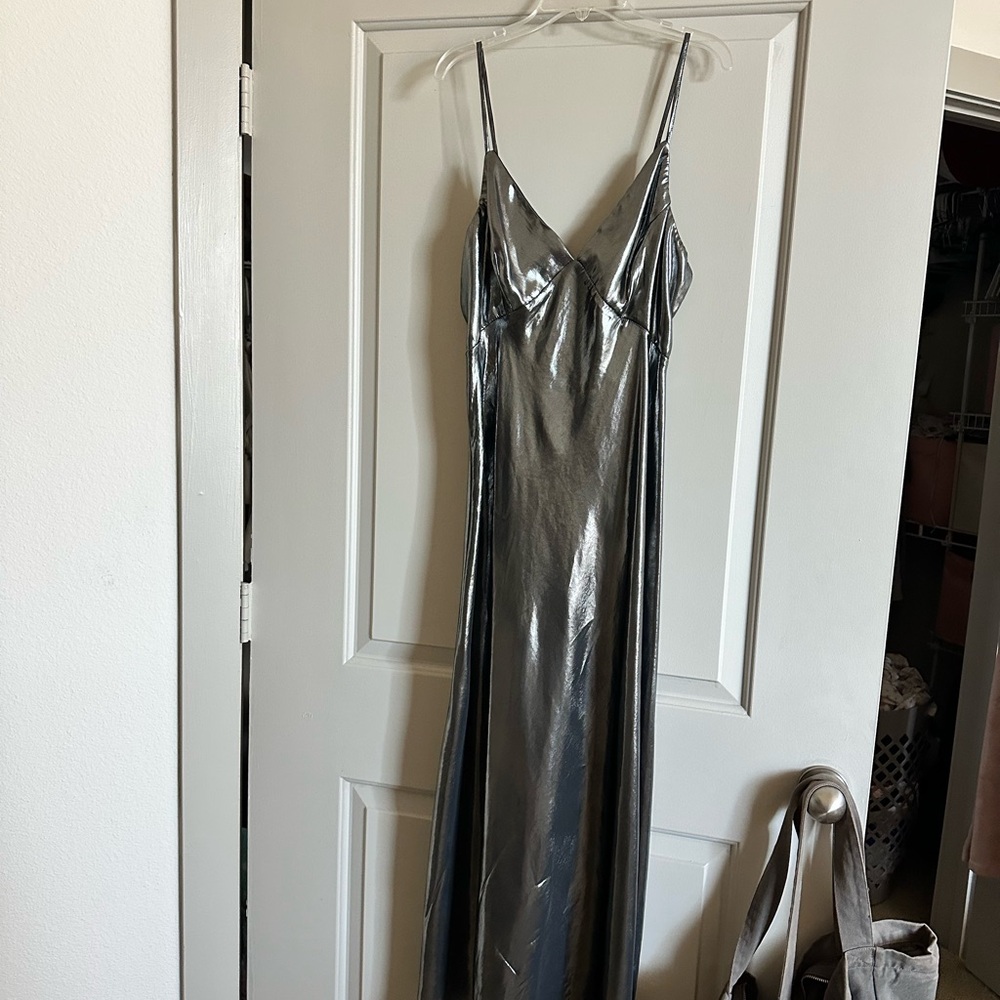 Anthropologie Metallic Silver Slip Maxi Dress